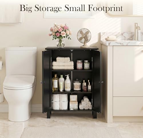 SUPER DEAL Modern Bathroom Floor Storage Cabinet with Adjustable Shelf and Double Door Rust Proof, Living Room Modern Home Furniture Storage Organizer Cabinet, Black - Image 4