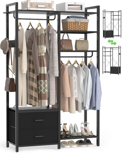 78.7'' Clothes Rack for Hanging Clothes - Reversible Clothing Rack with 2 Drawers, Heavy Duty Garment Racks with Shelves, 6 Tiers Freestanding Portable Closet Wardrobe System with Hanging Hooks, Black by Besiost