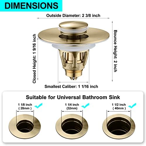 Universal Bathroom Sink Stopper - Bounce Wash Basin Drain Filter, Stainless Steel Pop Up Drain Stopper, Bullet Core Push Type Sink Stopper, Sink Drain Plug with Anti-Clogging Strainer, Brushed Gold1 - Image 3