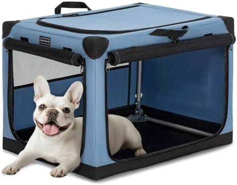 PETSFIT 26" Soft Portable Dog Crate – Patented Spiral Sturdy Frame, Collapsible Travel Kennel for Small Dogs, 3 Mesh Door, Lockable Zippers, Indoor & Car Use Blue by Petsfit