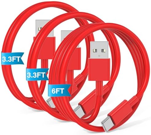 3-Pack Red [3.3FT+3.3FT+6FT] USB A to USB C Cable，USB to USB C Car Carplay Cable for iPhone 16 15 Pro Plus Pro Max，for iPad Pro/Air/Mini，for Samsung S24/S23/S22/S21，for MacBook Pro/Air and More by JERMASAL