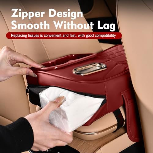 Car Center Console Cover, Waterproof Leather Multifunctional Armrest Booster Pillow with 2 Storage Bags Cup Holder, Tissue Box Slot, Universal for Most Cars with a Pack of Tissues (Red) - Image 6