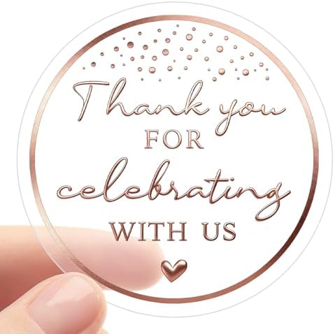 100PCS Thank You for Celebrating with Us Stickers, Clear Rose Gold Foil Wedding Favor Labels for Bridal Shower, Baby Shower, Engagement Party, Gift Bags & Invitations 1.6 Inch by jeecalart