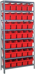 Quantum 1275-SB802RD Heavy Duty Shelving Unit with (8) Shelves and (35) QSB802 Red Bins for Garage Warehouse Storage Distribution | 400 lb Load Capacity | 12"D x 36"L x 75"H, Galvanized Carbon Steel by QuantumStorageSystems