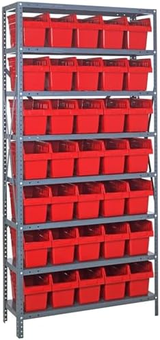 Quantum 1275-SB802RD Heavy Duty Shelving Unit with (8) Shelves and (35) QSB802 Red Bins for Garage Warehouse Storage Distribution | 400 lb Load Capacity | 12"D x 36"L x 75"H, Galvanized Carbon Steel by QuantumStorageSystems