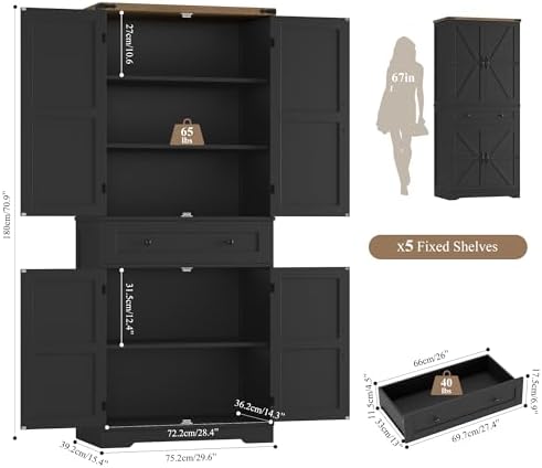 HOSTACK 71" Kitchen Pantry Storage Cabinet, Farmhouse Pantry Cabinet, Black - Image 3