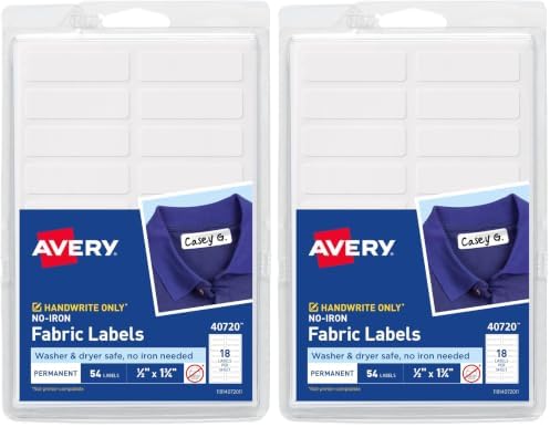 Avery No-Iron Fabric Labels, 1/2" x 1-3/4", Washer and Dryer-Safe Waterproof Labels, Non-Printable, 54 Total (40720) (Pack of 2) by Avery