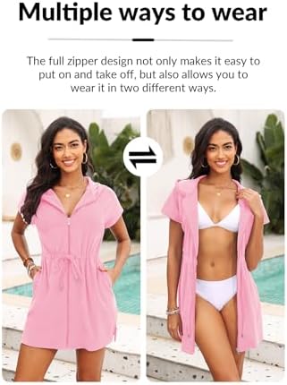Womens Terry Cloth Cover Up Hooded Swim Cover with Zipper and Pocket - Image 4