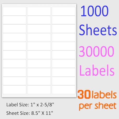 1" x 2-5/8" Shipping Address Labels 30000 Label Stickers Paper for Laser/Inkjet Printer 30 per Page Printable Mailing Labels - Matte, 1000 Sheets - Image 7