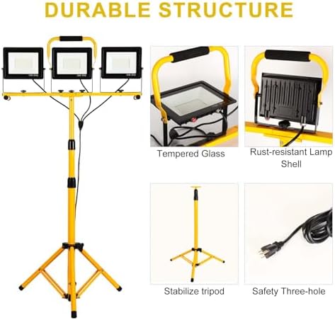 30000Lumen LED Work Lights with Stand - 3Head Portable Work Light on Stand - IP66 Waterproof Tripod Worklights for Outdoor Indoor Job Site Workshop Garage Construction Site Lighting - Image 3