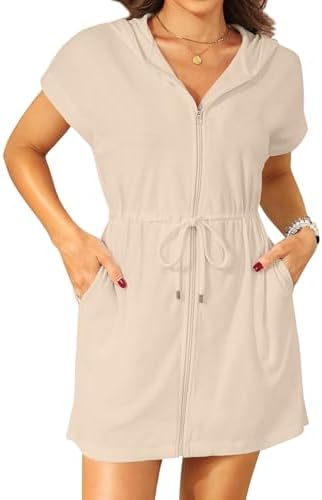 Womens Terry Cloth Cover Up Hooded Swim Cover with Zipper and Pocket by Yonique