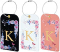 3 Pack Luxury Floral Luggage Tags, Durable PU Leather Suitcase Tags with Stainless Steel Cable Strap, Hidden ID Slot for Privacy Protection, Easy to Identify Waterproof Travel Accessories Gift (K) by Unknown