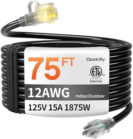 12 Gauge 75 FT Heavy Duty Outdoor Extension Cord Waterproof Black by Deeklify