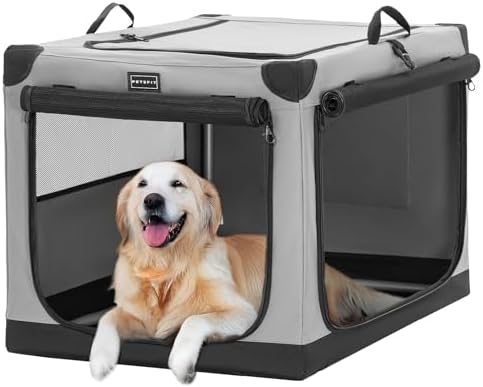 PETSFIT 40" Soft Portable Dog Crate – Patented Spiral Sturdy Frame, Collapsible Travel Kennel for Large Dogs, 3 Mesh Door, Lockable Zippers, Indoor & Car Use Gray by Petsfit
