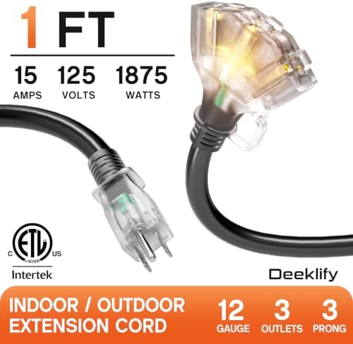 1FT 12 Gauge Black Outdoor Extension Cord with Multiple Outlets - Image 2