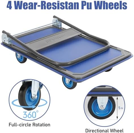 Olympia Tools Foldable Push Cart Dolly - 600 Lb. Capacity Heavy Duty Platform Truck with 360° Swivel Wheels - Blue - Image 4