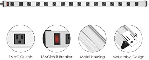 JUNNUJ Long Metal 16 Outlet Wide Spaced Power Strip, Silver, 15 FT Cord - Image 2