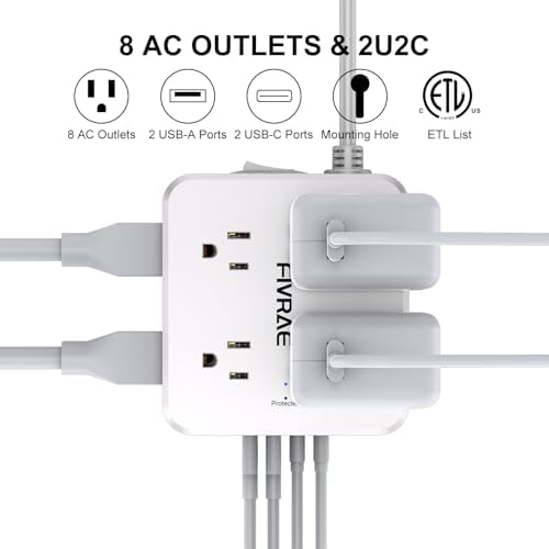 5Ft Extension Cord with Multiple Outlets, 8 Outlets and 4 USB Ports - Image 2