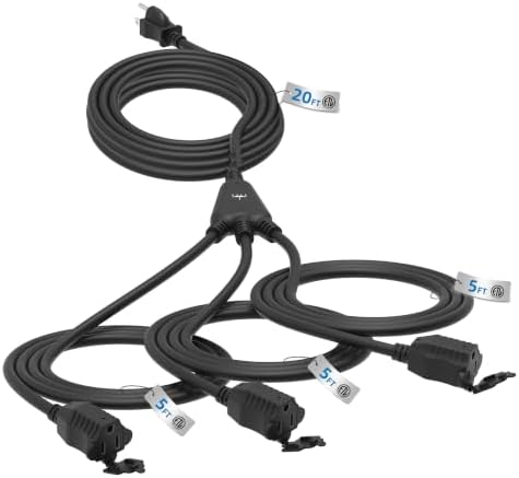 TiFFCOFiO Outdoor Extension Cord with 1 to 3 Splitter Outlets, 35 FT Waterproof Cord with Safety Cover, 3 Electrical Outlets for Christmas Decorations, 16 AWG, ETL Listed by TiFFCOFiO