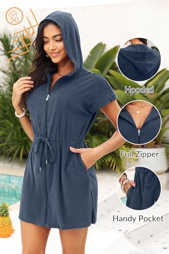 Womens Terry Cloth Cover Up Hooded Swim Cover with Zipper and Pocket - Image 3