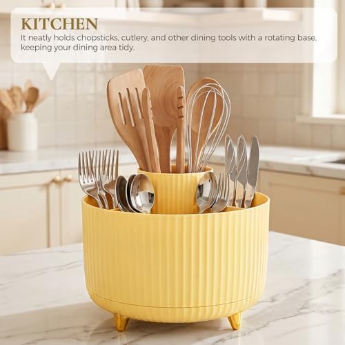 KONVINIT Pencil Pen Holder for Desk, 5 Slots 360-Degree Rotating Desktop Organizer, Cute Desk Organizers and Accessories for School, Home, Office and Art Supply, Yellow - Image 6