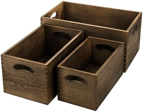 Hedume Set of 3 Nesting Wooden Crates, Wood Crate Box with Handle, Rustic Brown Decorative Wood Storage Crates Container, Stackable Cube Basket Bins Organizer for Home, Office, Closet, Shelf - Image 3