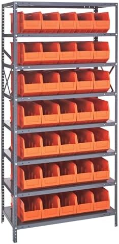 Quantum Storage Systems 1275-441OR Solid Heavy Duty 8 Shelves 35 Stackable Shelf Bins Orange Bins 75" H x 36" W x 12" D by QuantumStorageSystems