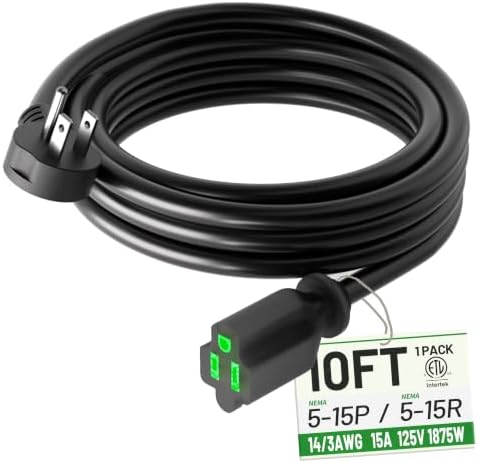 POWGRN 10FT 14/3 Black Flat Plug Extension Cord, Low Profile Indoor by POWGRN