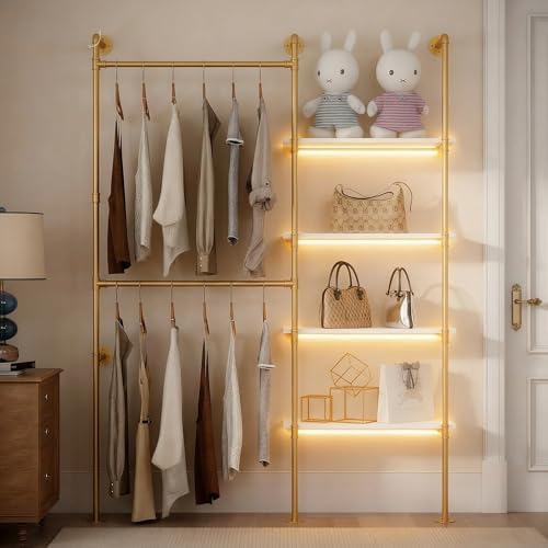 Industrial Pipe Clothing Rack with LED Lights& Shelves - Image 6