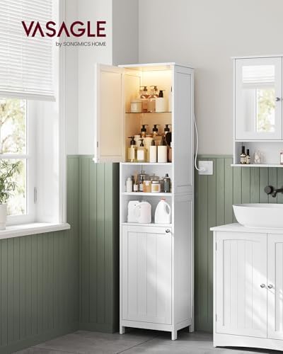 VASAGLE Tall Storage Cabinet with Lights, Slim, 15.7" W, Cloud White - Image 2
