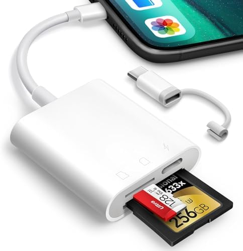 SD Card Reader for iPhone iPad, Oyuiasle Digital Trail Camera SD Card Viewer with Dual Slot for MicroSD/SD, Lightening&USBC Dual-Connector Memory Card Adapter for Photography, Plug and Play by Oyuiasle