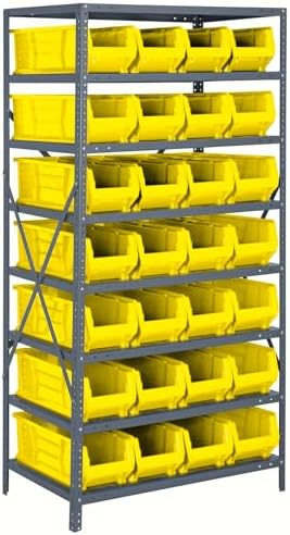 Quantum 2475-950YL Heavy Duty Shelving Unit with (8) Shelves and (28) QUS950 Yellow Bins for Industrial Warehouse Storage Distribution | 400 lbs Capacity | 24"D x 36"L x 75"H, Galvanized Carbon Steel by QuantumStorageSystems