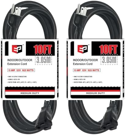 EP 10 FT Outdoor Extension Cord, 16/3 SJTW Heavy Duty Black 2PK, ETL Listed by ENERGYPRO