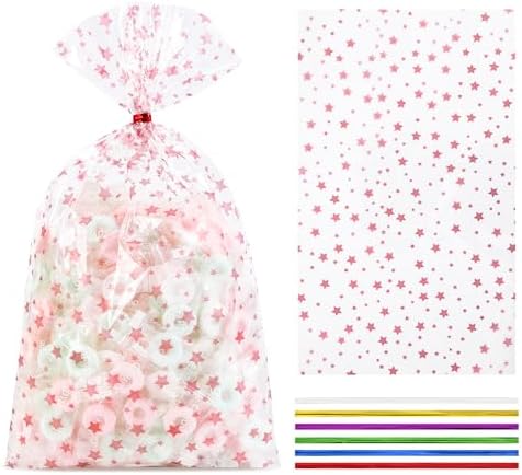 COQOFA 100 Pcs 7X12" Cello Cellophane Gift Treat Bags Party Favor bags Clear Candy Cookie Bags Plastic Poly Goodie Storage Bags with Twist Ties for Wedding Birthday Party Valentines Day Supplies Rose by COQOFA