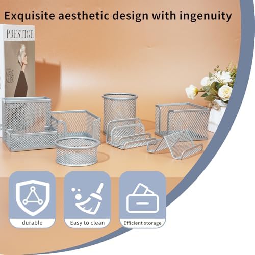 6 Pack Mesh Metal Desk Organizer Stationery Storage Set Silver - Image 4