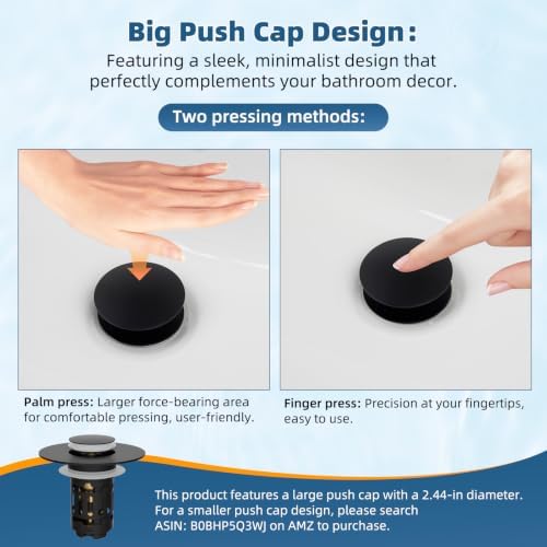 Hibbent Upgraded 3 in 1 Bathroom Sink Drain Strainer, Pop Up Sink Stopper with Big Push Cap, Anti-Clogging Metal Filter Basket,Sink Plug with Hair Catcher for 1.1''~2.36'' Basin, Matte Black - Image 6