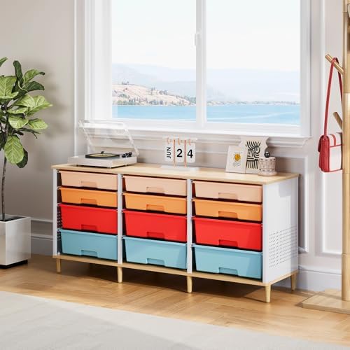 TOOLF 12 Drawers Storage Cabinet with Wooden Top and Plastic Bins,Colorful - Image 2