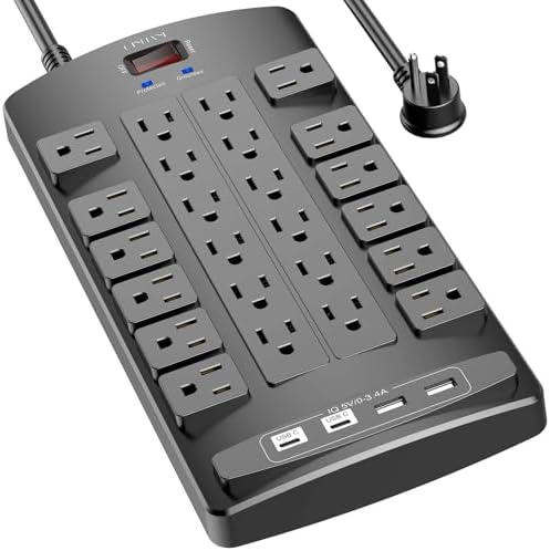 QINLIANF Surge Protector Power Strip - 6Ft Flat Plug Heavy Duty Extension Cord with 24 Outlets and 4 USB Ports(2 USB-C Ports), 4100J, for Home, Office, Dorm, ETL Listed, Black by QINLIANF
