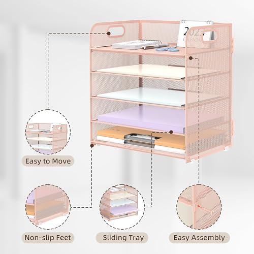 2 Pack 5-Tier Pink Desk Organizer with Handle Mesh Desk File/Paper Organizer Letter Tray for Office, School, Classroom and Home Easy Installation - Image 3