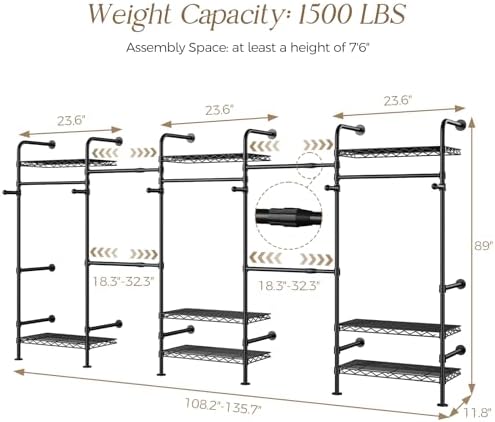 Closet Organizers and Storage, 5-Row Heavy Duty Clothes Rack for Hanging Clothes, Wall Mounted Closet System with 4 Telescopic Rods, 3 Fixed Rods, 6 Hooks, 8 Shelves for Wardrobe, Bedroom, Small Space - Image 2