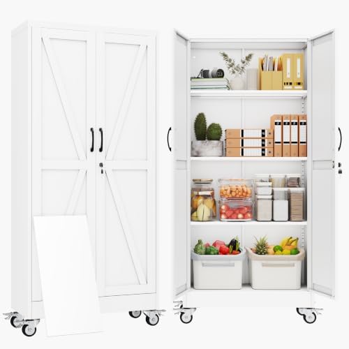61" Metal Garage Storage Locker Cabinet with Wheels,Rolling White Farmhouse Kitchen Pantry Cabinet with 2 Doors and 3 Adjustable Shelves, Steel File Tool Cabinet for Home Office Warehouse by BAOLIWO