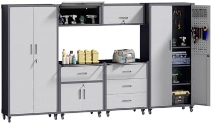 6-Piece Garage Storage Cabinets System Heavy Duty Workshop Set Includes Wall-Mounted and Rolling Cart Metal Tool Organization System for Garage Workshop by FLIXELIO
