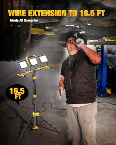 Upgraded LED Work Lights with Stand, 21000 Lumen, 3-Head Adjustable Work Light, Waterproof Foldable Tripod, Extended Cord for Outdoor & Indoor Job Sites, Workshops, Construction, Garage Lighting - Image 6