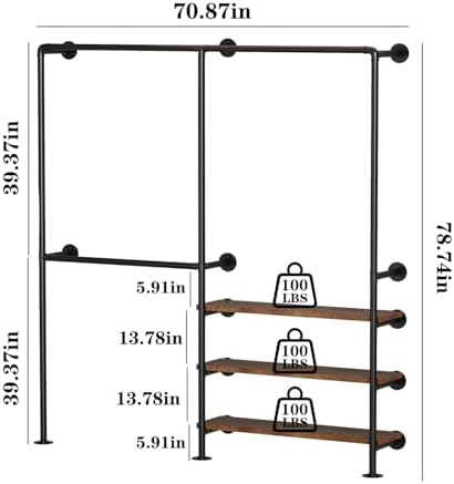 Industrial Pipe Clothes Rack, Wall Mounted Clothing Rack with Shelves, Heavy Duty Closet Organizers Wardrobe Multi-Purpose Storage Clothes Hanging Shelf-70.8''L Black - Image 6
