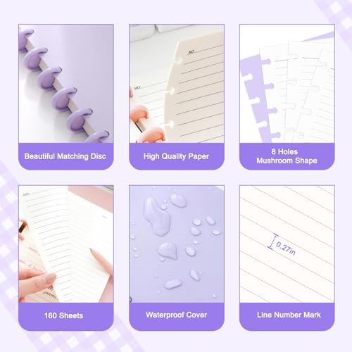 Discbound Notebook, 8-Disc Disbound Planner with Removable Pages, 180 Pages Spiral Notebook, Poly Cover Discbound Planner for Work, Travel, Note Taking(With Index Sticker),Purple,A5 - Image 3