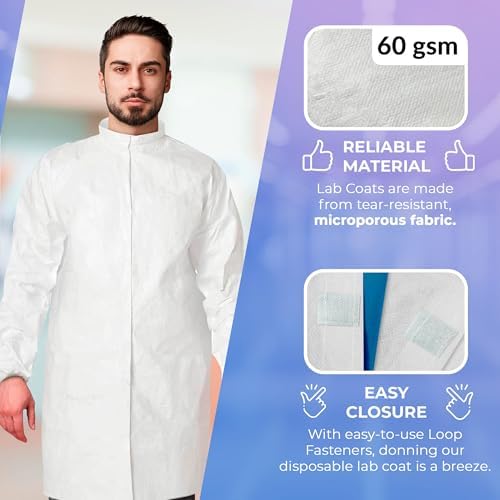 AMZ Medical Supply Disposable Lab Coats Large, 60gsm Microporous Long Sleeve, Elastic Cuffs, Hook & Loop Closure, Mandarin Collar, White, No Pockets, Pack of 10 - Image 3
