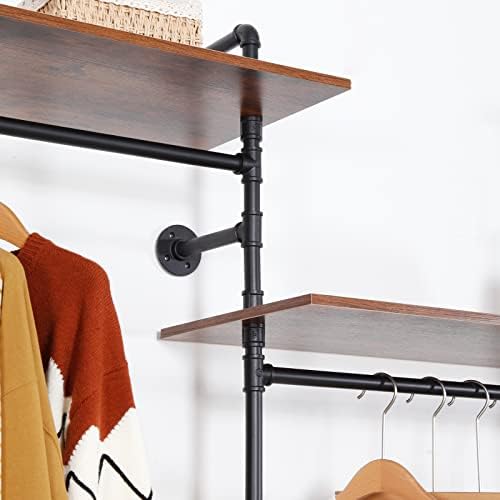 Industrial Pipe Clothing Rack with 2 Shelves, Clothes Rack Wall Mounted Heavy Duty Clothing Store Display Stands Garment Rack Closet System(Black, 96.5x80.7inch) - Image 5