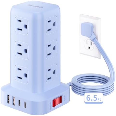 Extension Cord with Multiple Outlets, SMALLRT Power Strip Tower, Outlet Extender with 12 AC Outlets 4 USB, 6.5FT Extension Cord for Home Dorm Room, Office Supplies, Blue by SMALLRT