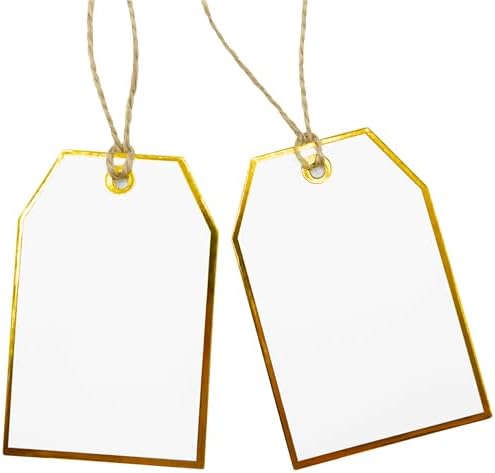 100Pcs Gold Gift Tags with String Attached Foil Gold Frame Large White Paper Gift Tags Presents with 65 Ft Jute Twine for Christmas Holiday Baby Shower Wedding Birthday Gift Wrap Tags by ASYEHJNR