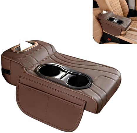 Car Armrest Box Mat, Multifunctional Soft Leather Center Console Height Enhancement Storage Armrest Decoration with Tissue Box, Cup Holder, Side Bags, Universal for Most Cars (Coffee) by Unknown